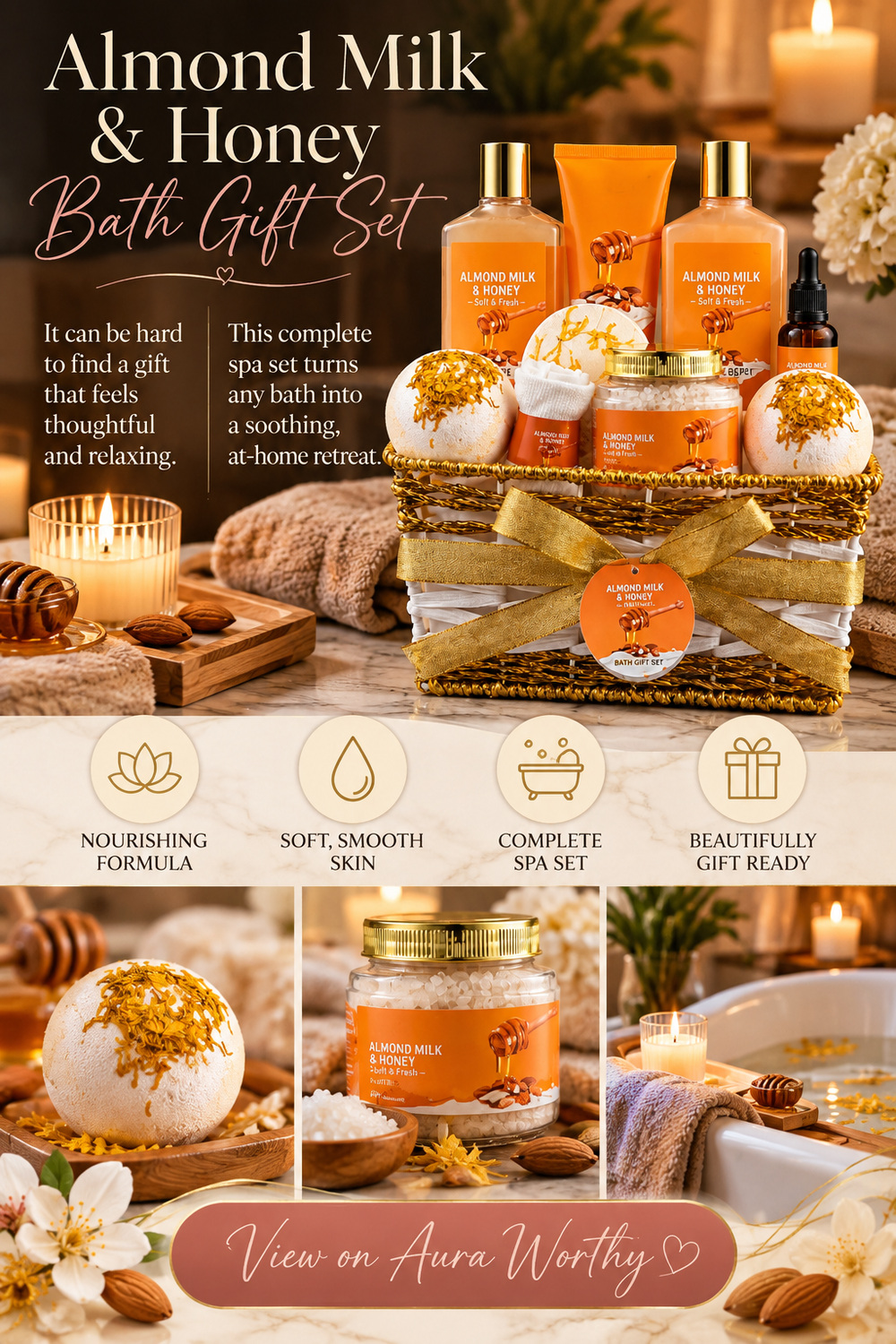 Almond Milk & Honey 10-piece bath and body gift set arranged in a decorative basket.