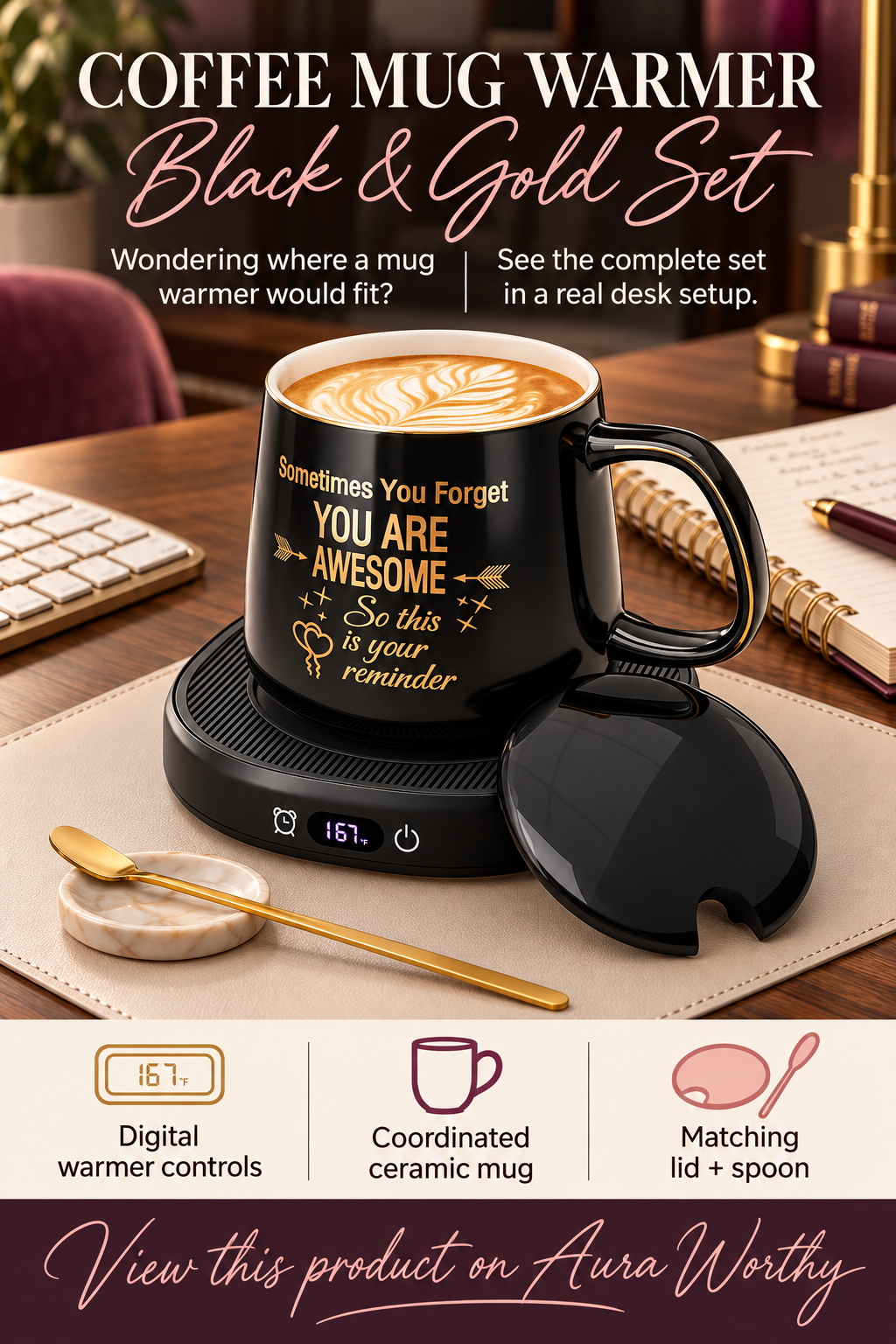 Black and gold coffee mug warmer set featuring a glossy black ceramic mug with gold motivational lettering, a round black electric warming plate with digital temperature display, matching black lid, and gold-tone spoon.