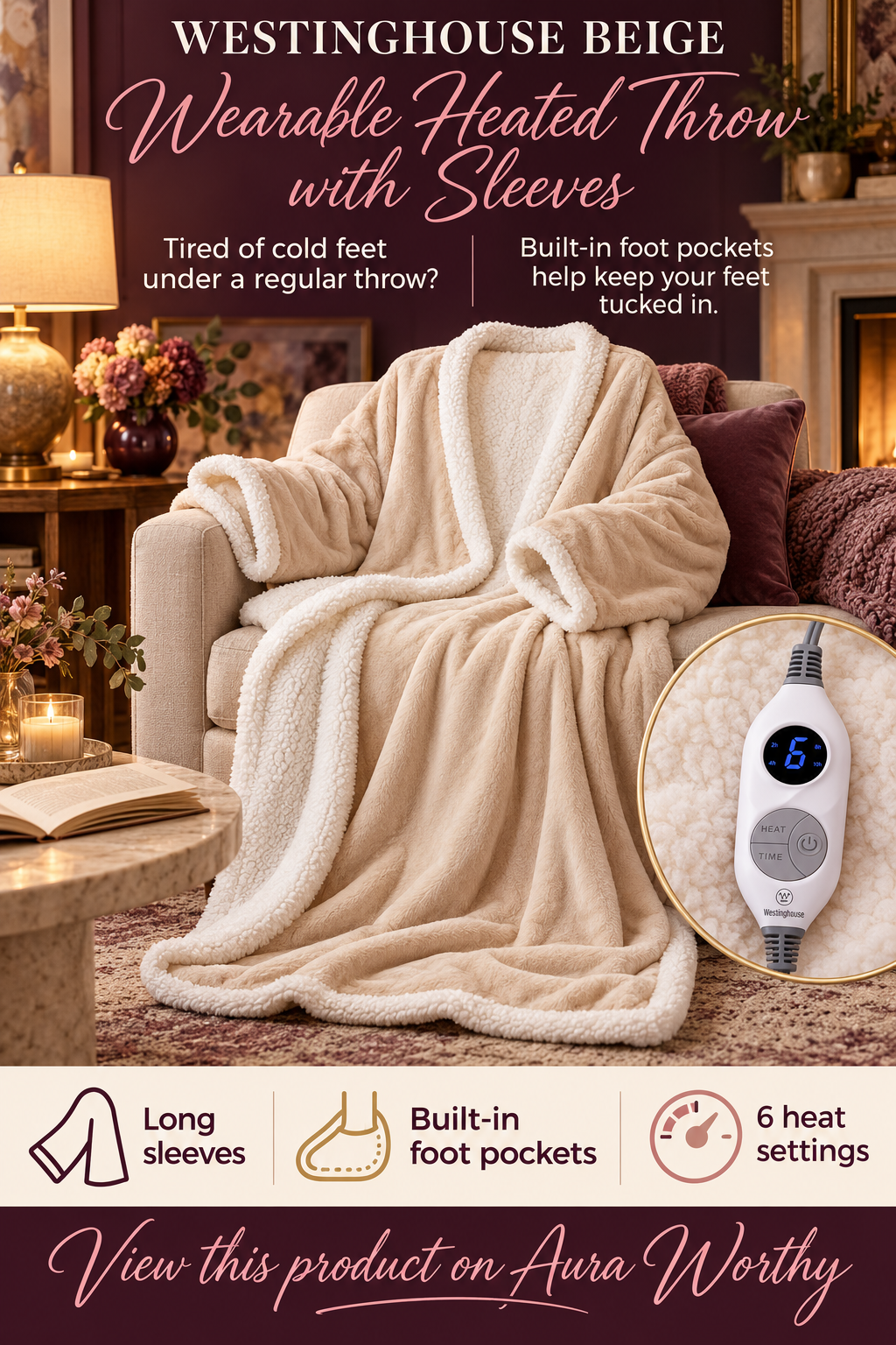 Westinghouse beige wearable heated throw with sleeves and white Sherpa lining displayed on an armchair, with a wired digital heat controller and feature callouts for foot pockets and six heat settings.