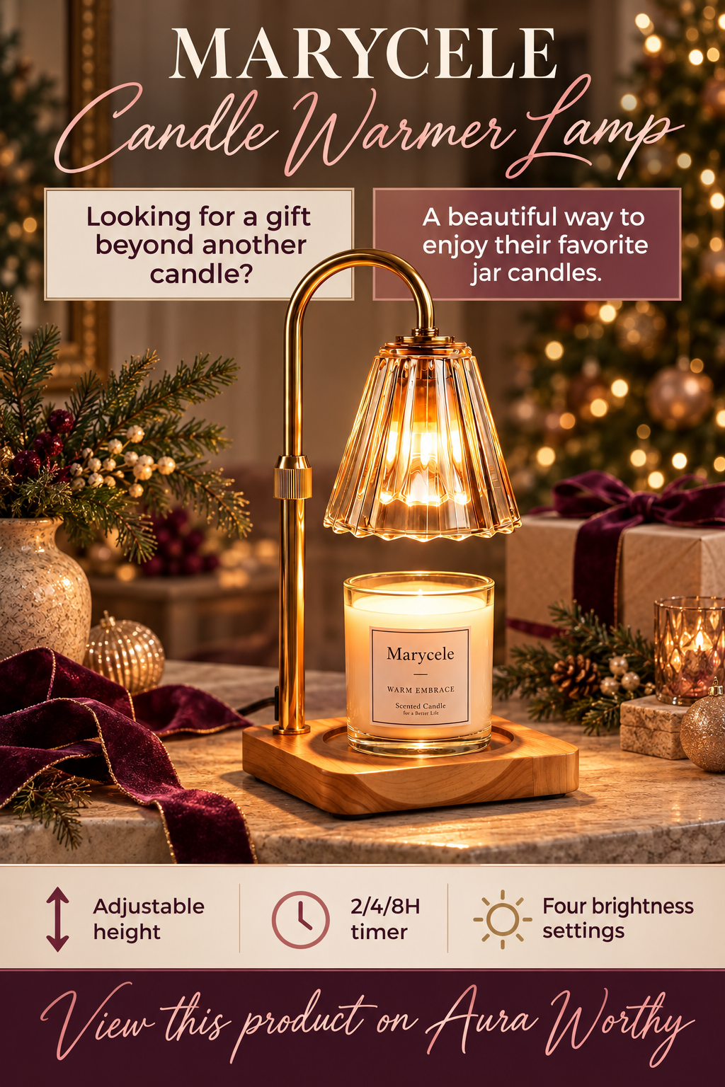 Marycele gold candle warmer lamp featuring a curved metal frame, adjustable-height post, illuminated clear fluted glass shade, and square natural wood base with a recessed candle holder.