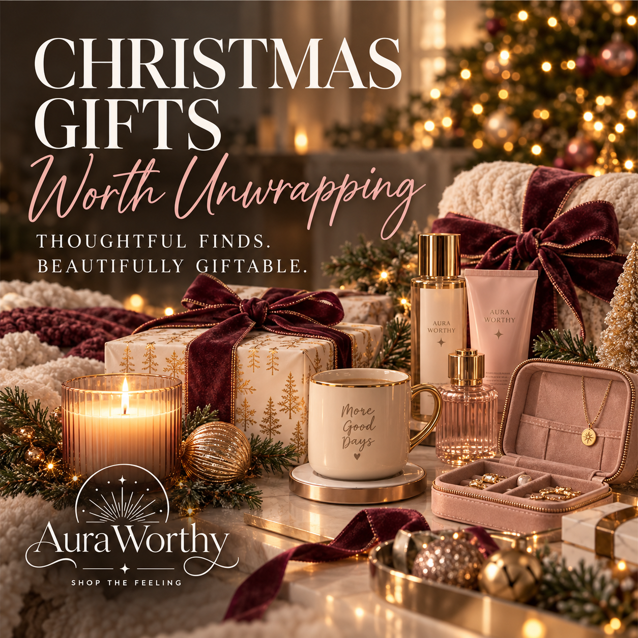 Aura Worthy Christmas Gifts Worth Unwrapping Pinterest board cover featuring elegant holiday gift ideas, including cozy blankets, scented candles, beauty and self-care gifts, jewelry organizers, and thoughtful home accessories. Styled with burgundy velvet ribbons, gold accents, wrapped presents, and warm Christmas lights in a luxurious holiday setting.