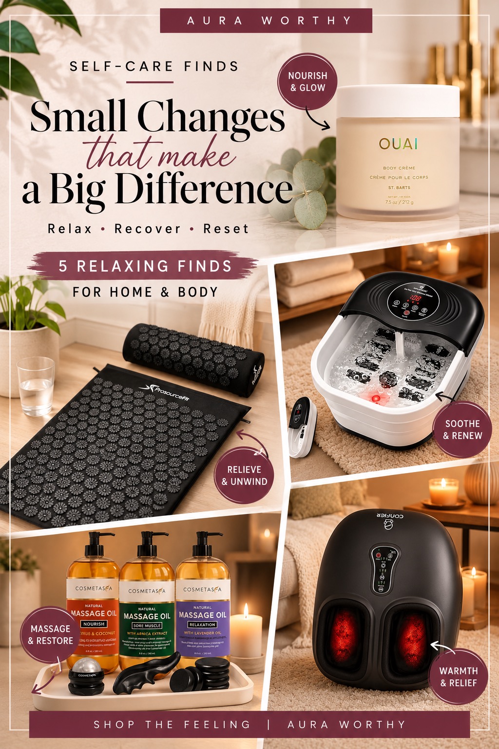 Collage of at-home spa essentials, including an acupressure mat, body cream, heated foot spa, massage oil set, and shiatsu foot massager.