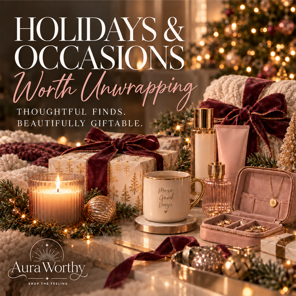 Aura Worthy Holidays & Occasions Pinterest board cover featuring elegant holiday gift ideas, cozy blankets, scented candles, beauty and self-care gifts, jewelry organizers, and wrapped presents. Rich burgundy ribbons, gold accents, evergreen decorations, and warm Christmas lights create a luxurious festive setting.